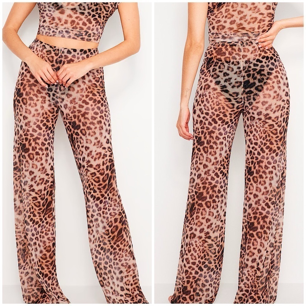 New Good American Sheer Mesh Wide Leg Pants Leopard Cover Up Club Sz M